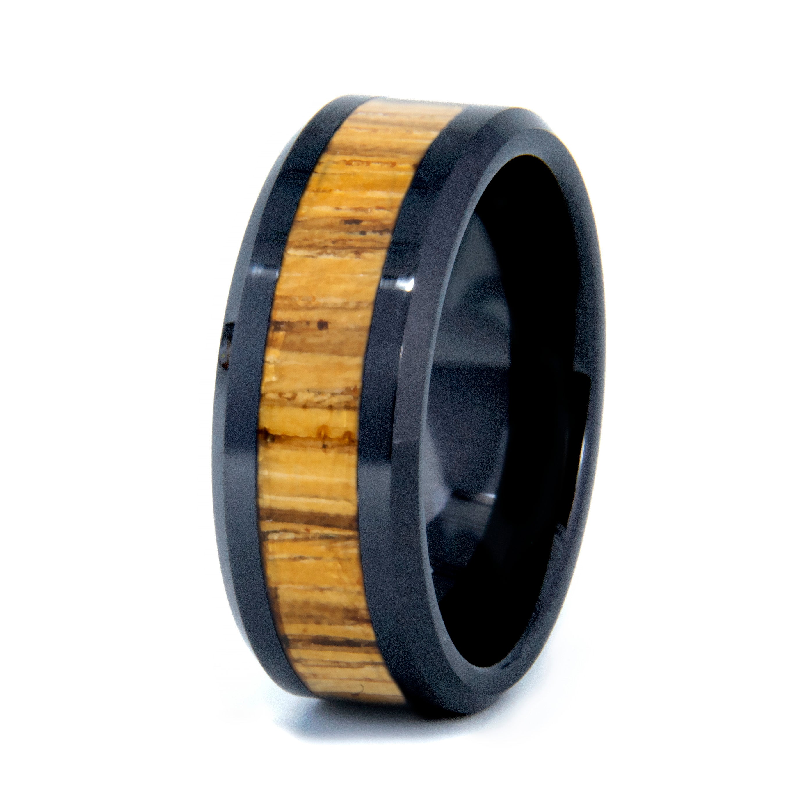 Zebrawood Ring With Black Ceramic Band Copperbeard Jewelry