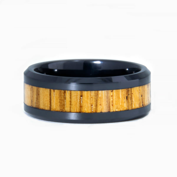 Zebrawood Ring With Black Ceramic Band Copperbeard Jewelry
