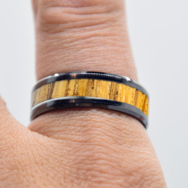 Zebrawood Ring With Black Ceramic Band Copperbeard Jewelry