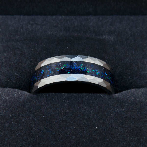 Hammered Tungsten Galaxy Opal And Blue Sandstone Ring Copperbeard Jewelry