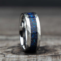 Hammered Tungsten Galaxy Opal And Blue Sandstone Ring Copperbeard Jewelry