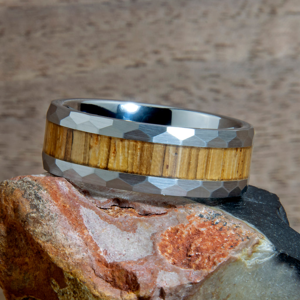 Zebrawood Wood Hammered Tungsten Ring Copperbeard Jewelry