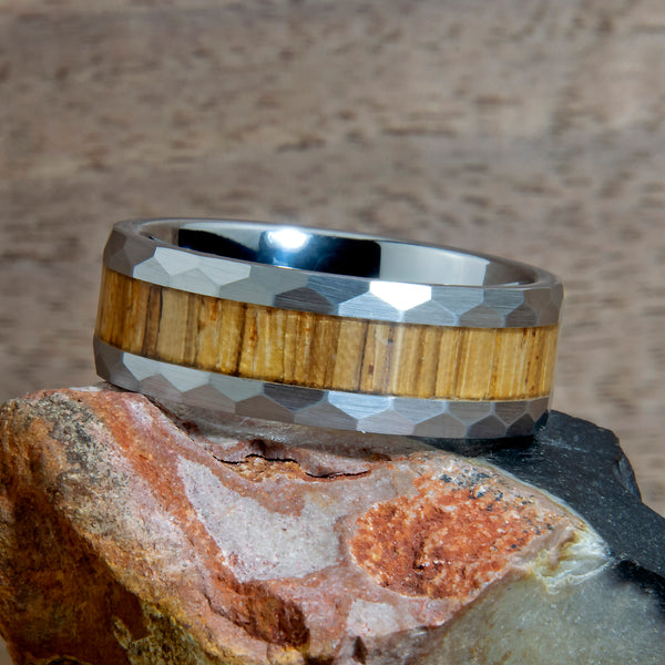 Zebrawood Wood Hammered Tungsten Ring Copperbeard Jewelry