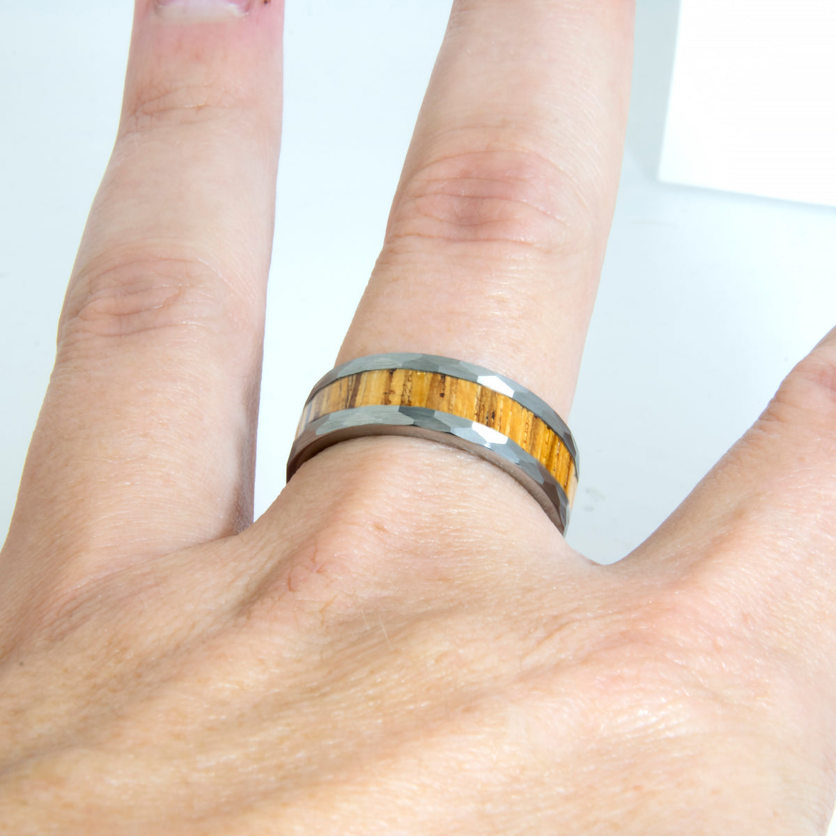 Zebrawood Wood Hammered Tungsten Ring Copperbeard Jewelry