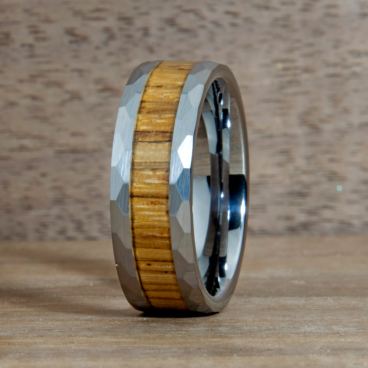 Zebrawood Wood Hammered Tungsten Ring Copperbeard Jewelry Main image