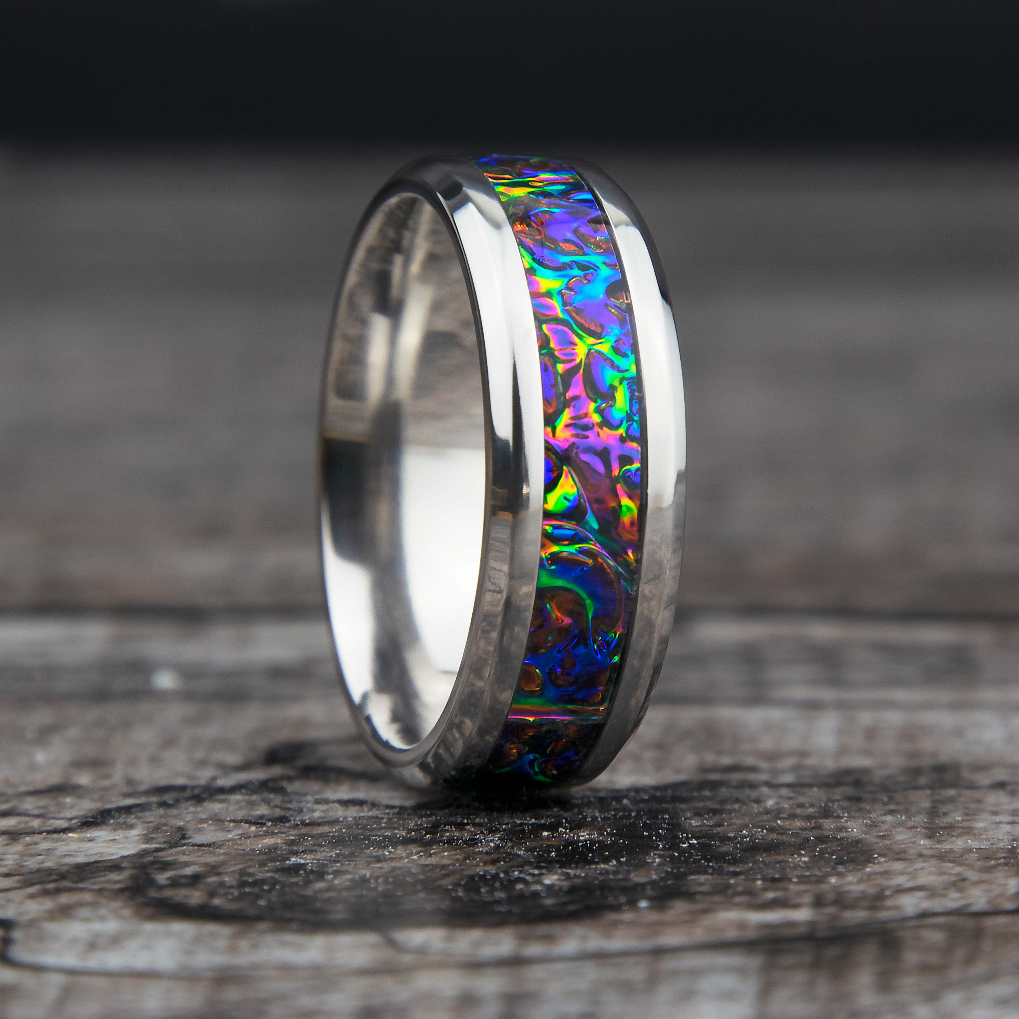 Dichrolam Fire Burl Titanium Ring Secondary image