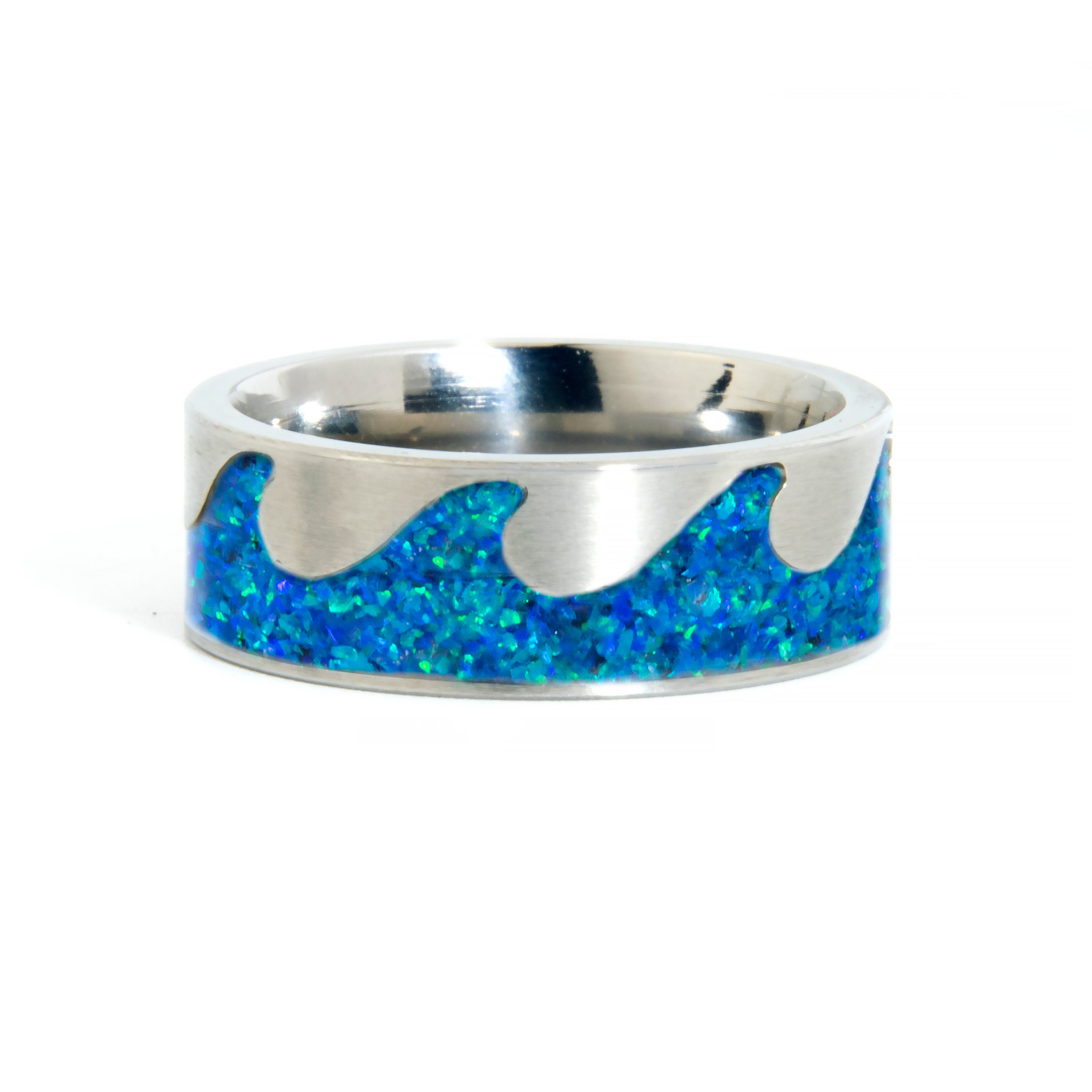 Ocean Waves Titanium Ring With Blue Opal Inlay Copperbeard Jewelry