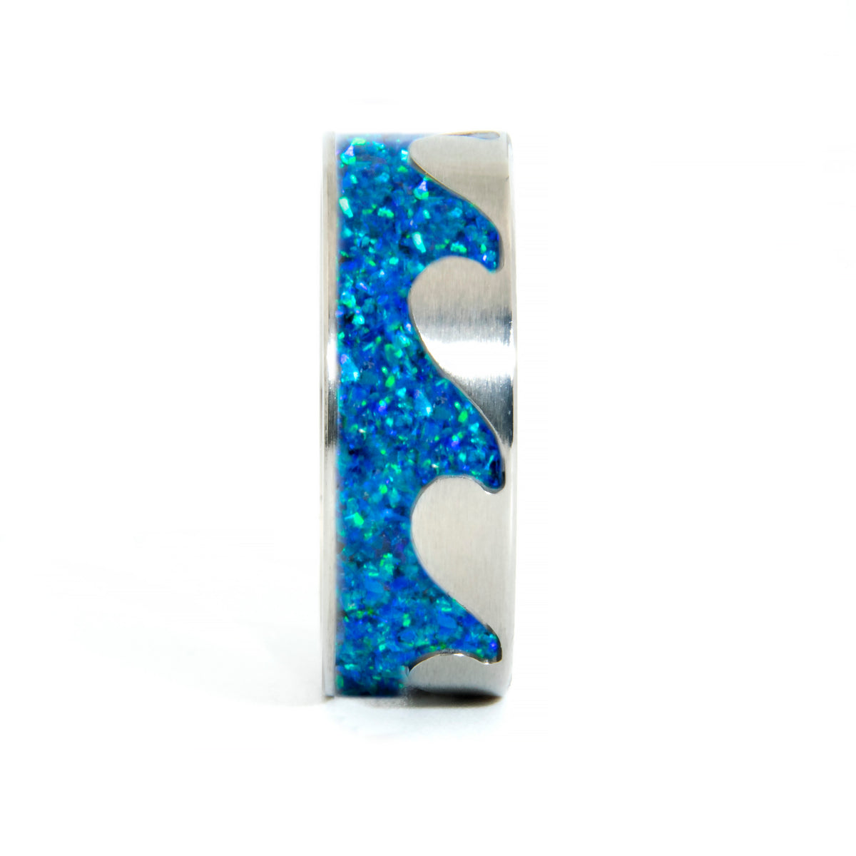 Ocean Waves Titanium Ring With Blue Opal Inlay Copperbeard Jewelry