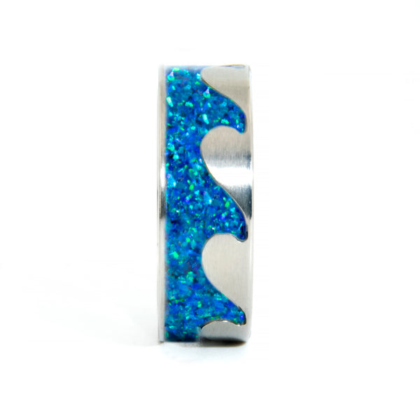 Ocean Waves Titanium Ring With Blue Opal Inlay Copperbeard Jewelry