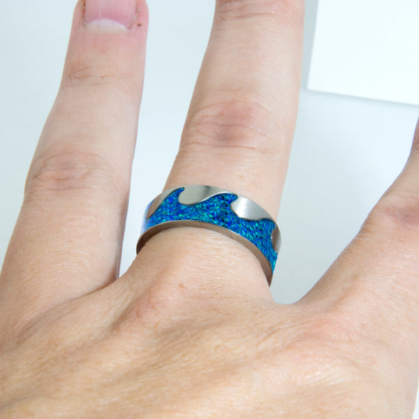 Ocean Waves Titanium Ring With Blue Opal Inlay Copperbeard Jewelry