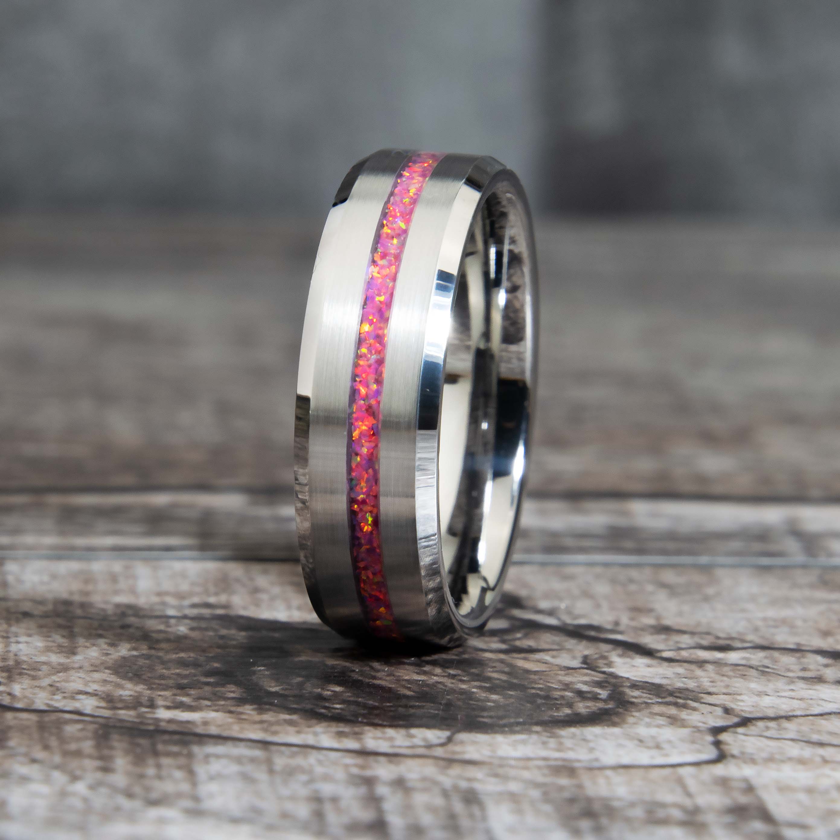 Pink And Fuchsia Opal Ring With Tungsten Thin Line Band Secondary image