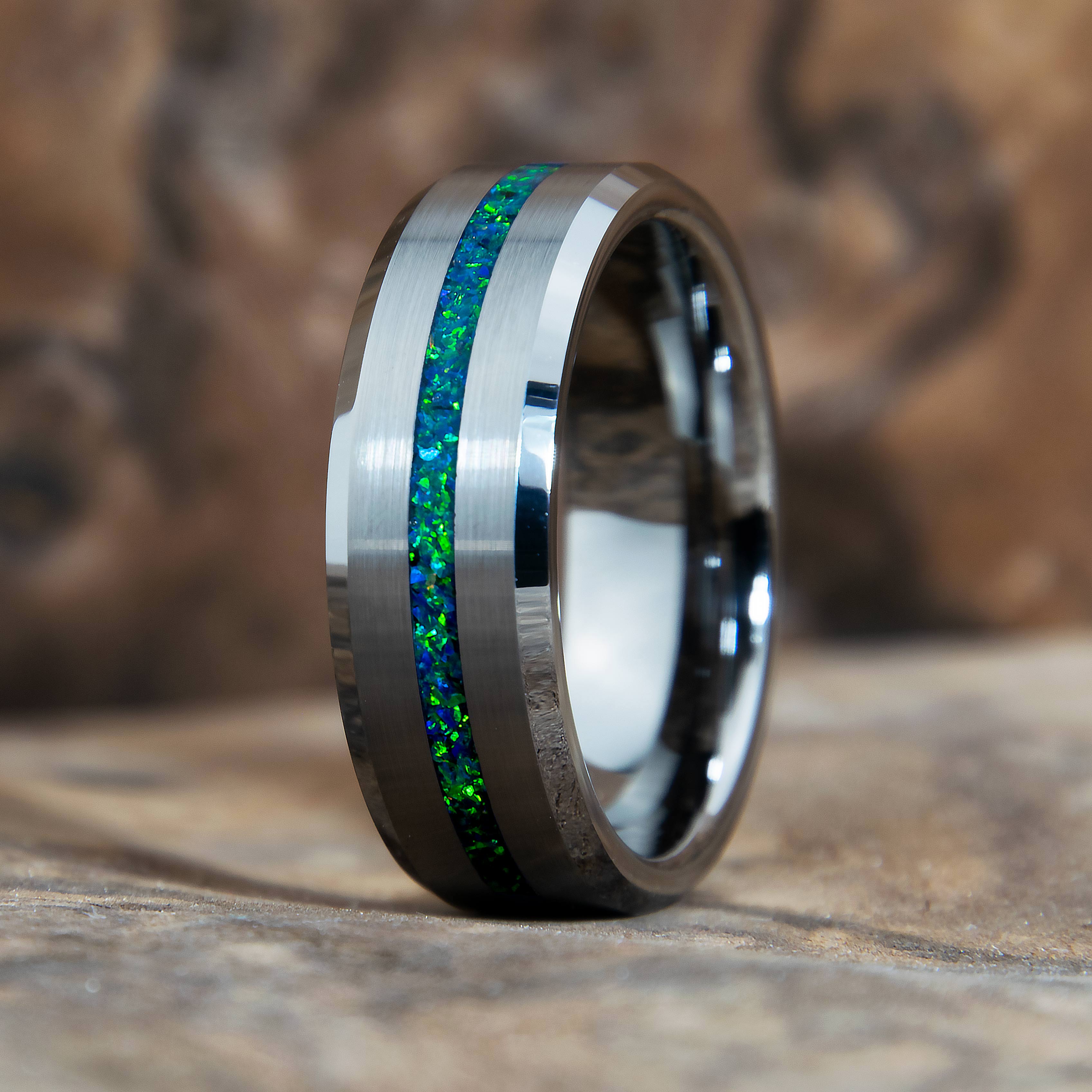 Emerald Green Opal Ring With Tungsten Thin Line Band Copperbeard Jewelry