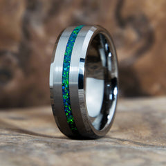 Emerald Green Opal Ring With Tungsten Thin Line Band Copperbeard Jewelry
