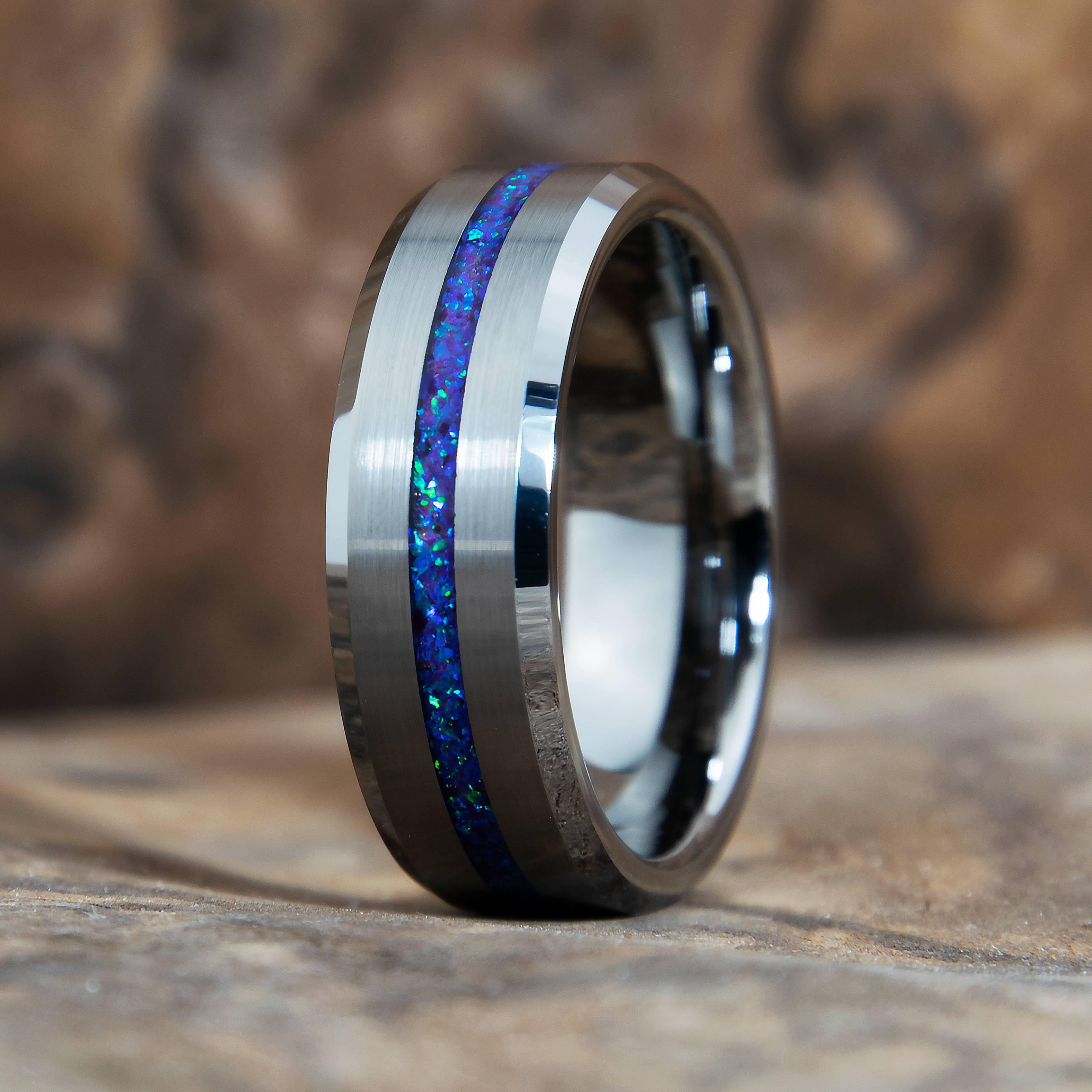 Blue And Purple Opal Ring With Tungsten Thin Line Band Copperbeard Jewelry