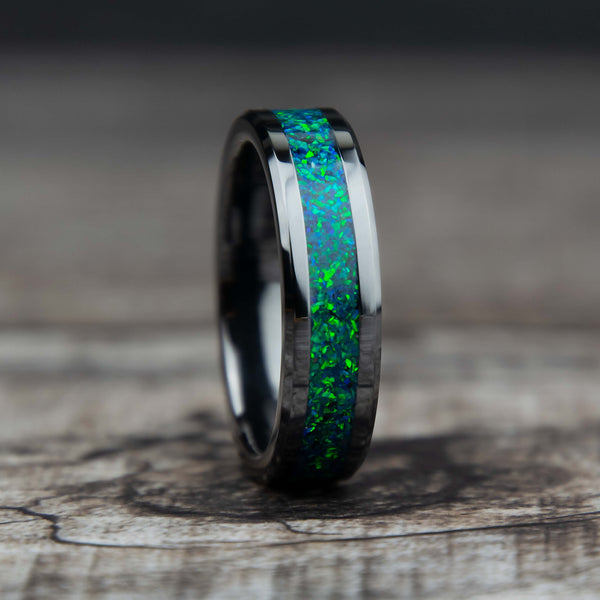 Emerald Green Opal Black Ceramic Ring Copperbeard Jewelry