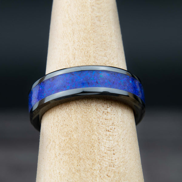Blue And Purple Opal Ring With Black Ceramic Band Copperbeard Jewelry