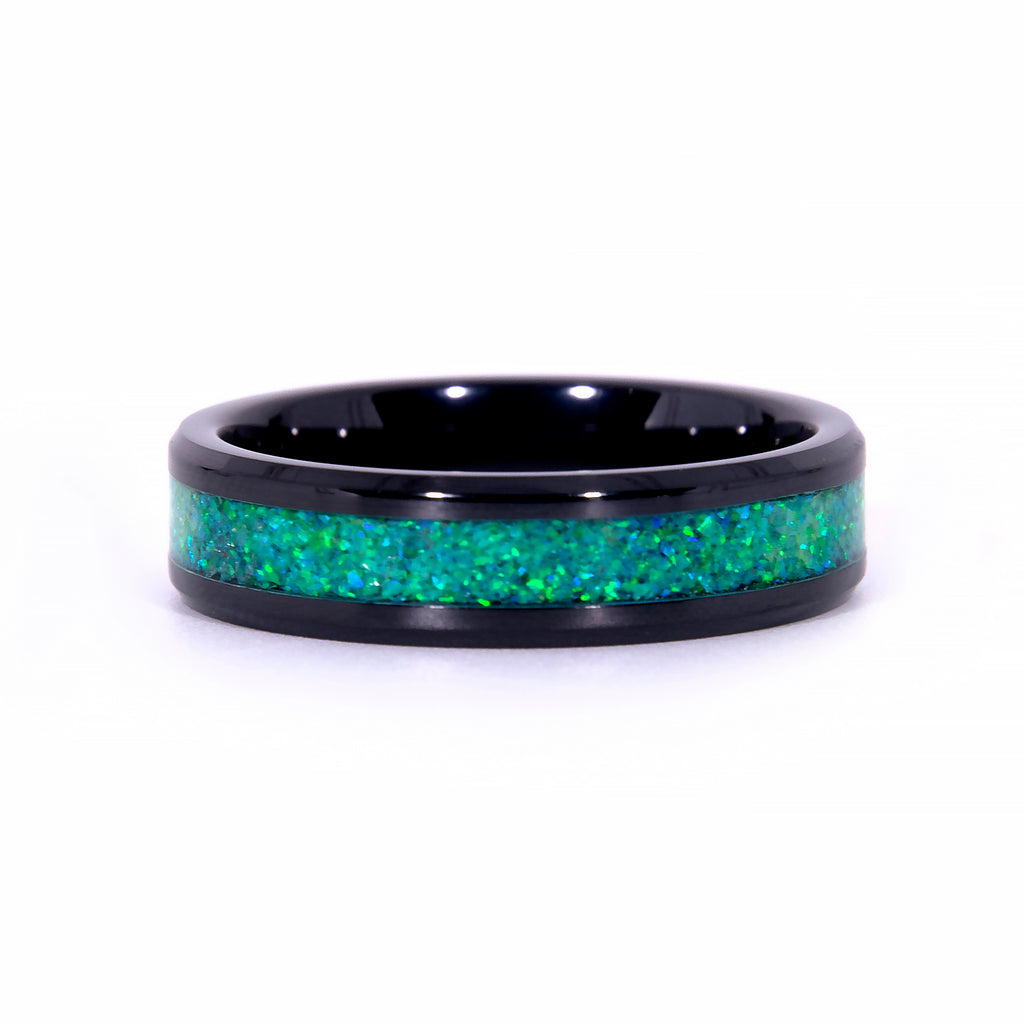 Honeydew Green Opal Ring With Black Ceramic Band Copperbeard Jewelry
