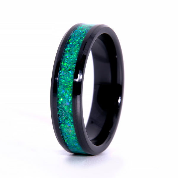 Honeydew Green Opal Ring With Black Ceramic Band Copperbeard Jewelry
