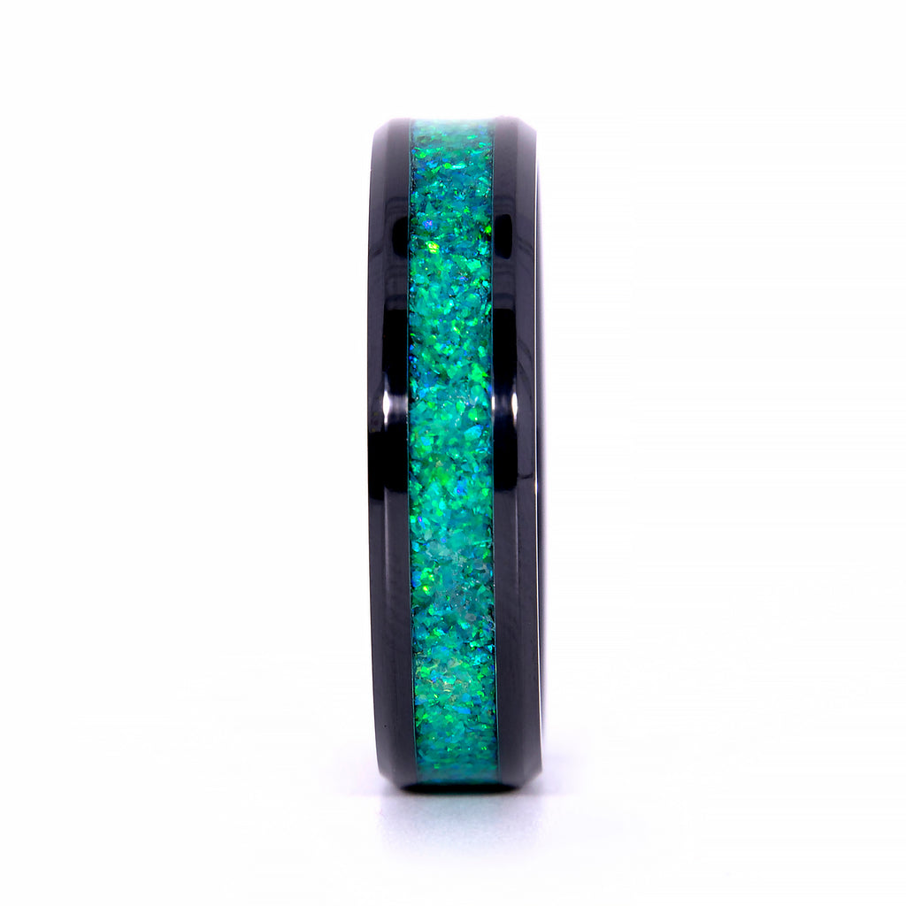 Honeydew Green Opal Ring With Black Ceramic Band Copperbeard Jewelry