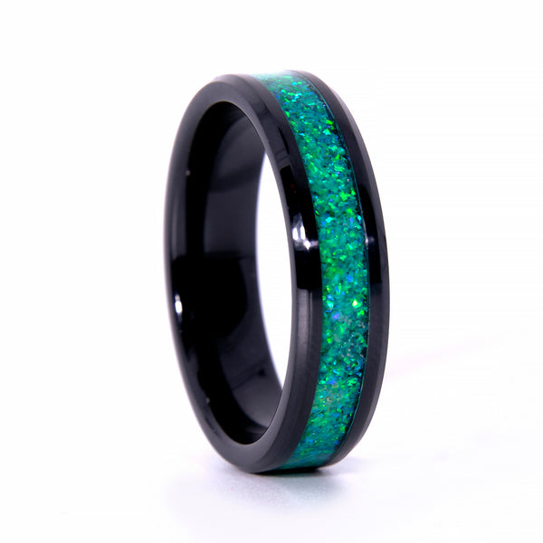Honeydew Green Opal Ring With Black Ceramic Band Copperbeard Jewelry