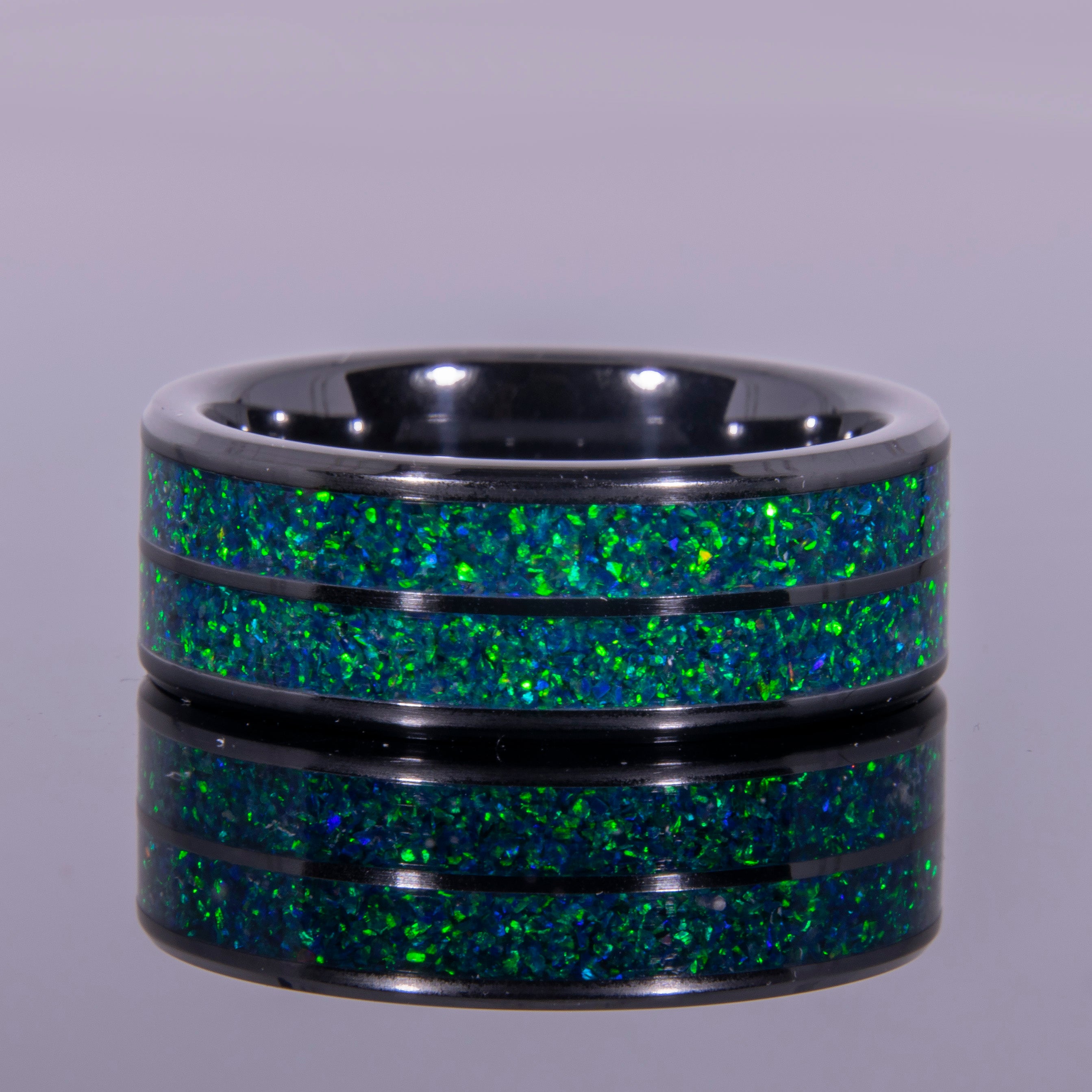 Emerald Green Opal Ring With Double Channel Black Ceramic Band Secondary image