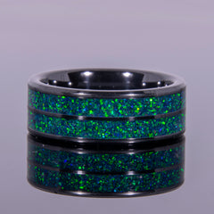 Emerald Green Opal Ring With Double Channel Black Ceramic Band Copperbeard Jewelry