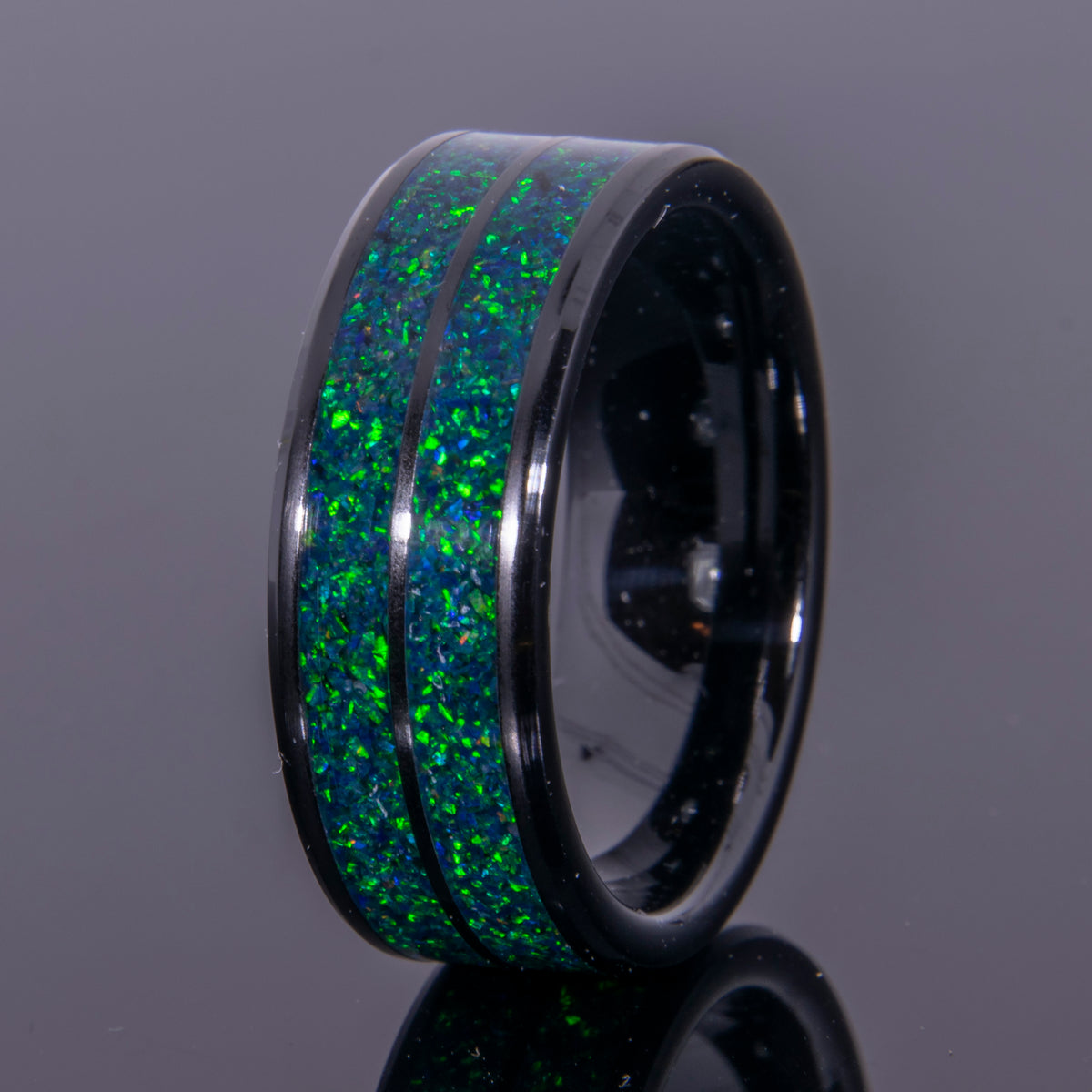 Emerald Green Opal Ring With Double Channel Black Ceramic Band Copperbeard Jewelry Main image