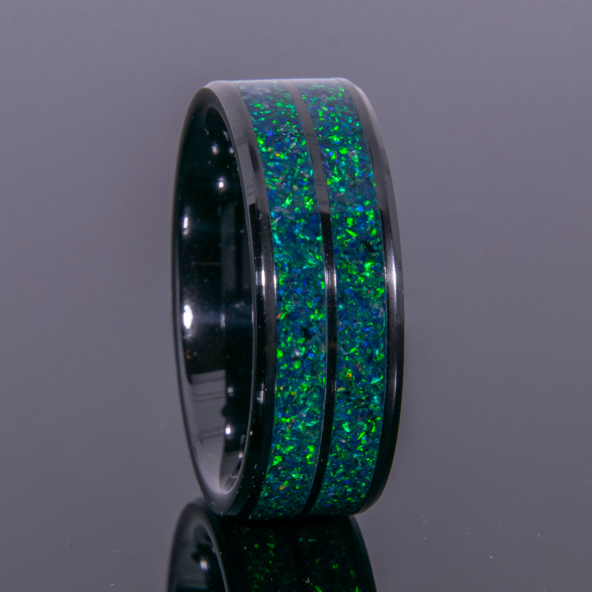 Emerald Green Opal Ring With Double Channel Black Ceramic Band Copperbeard Jewelry