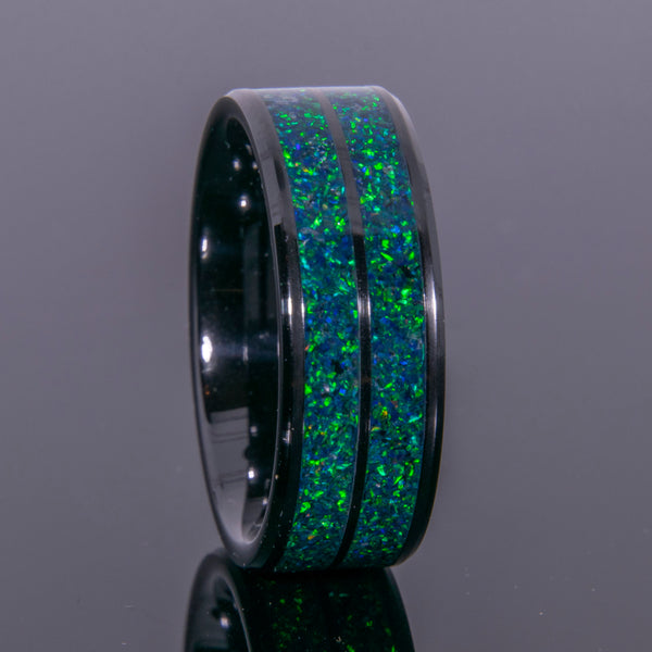 Emerald Green Opal Ring With Double Channel Black Ceramic Band Copperbeard Jewelry