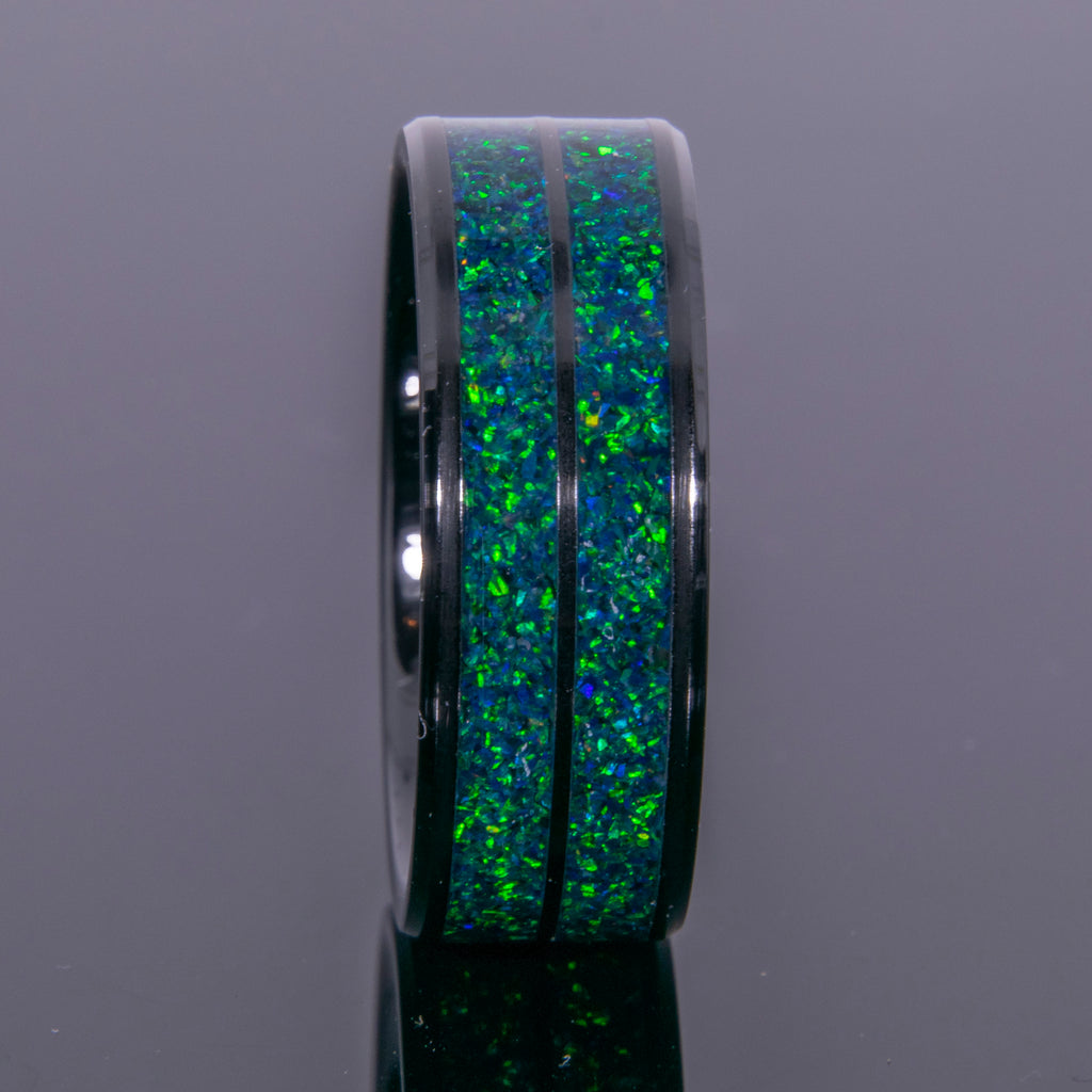 Emerald Green Opal Ring With Double Channel Black Ceramic Band Copperbeard Jewelry