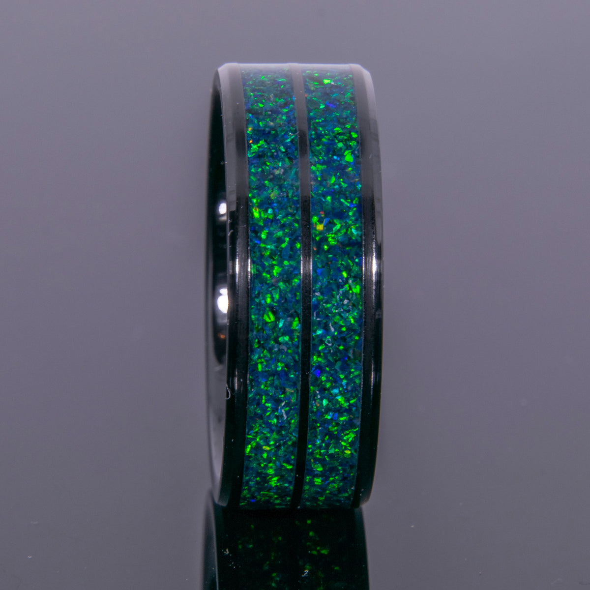 Emerald Green Opal Ring With Double Channel Black Ceramic Band Copperbeard Jewelry