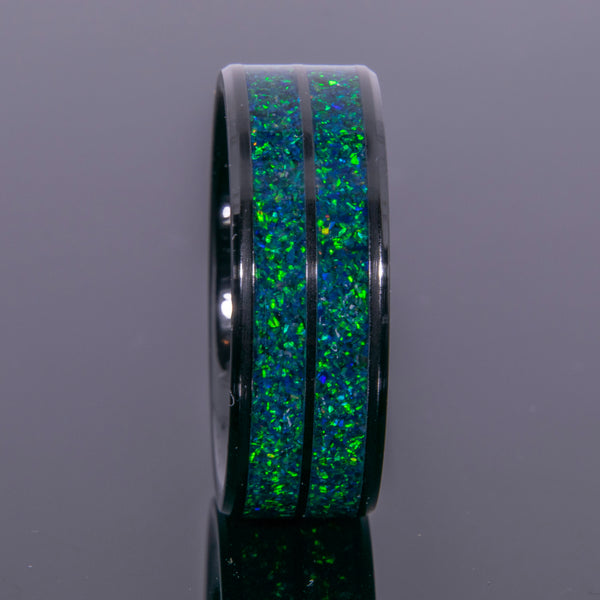 Emerald Green Opal Ring With Double Channel Black Ceramic Band Copperbeard Jewelry
