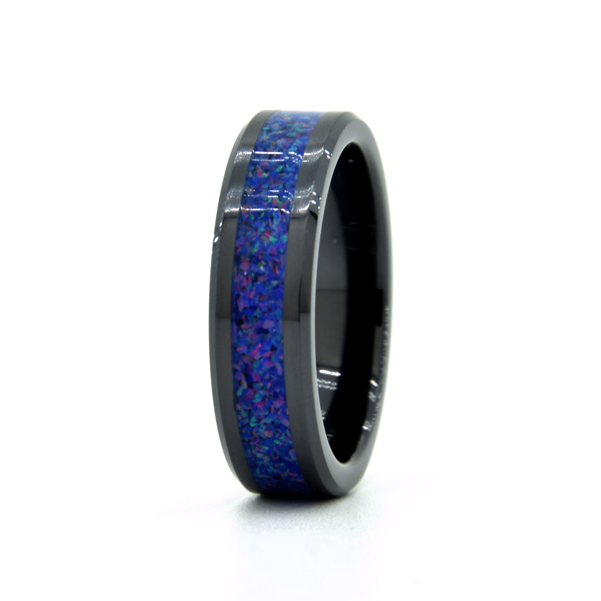 Dark Blue Pink Sparkles Opal Ring With Black Ceramic Band Copperbeard Jewelry Main image