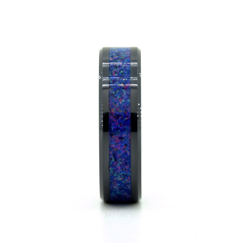 Dark Blue Pink Sparkles Opal Ring With Black Ceramic Band Copperbeard Jewelry