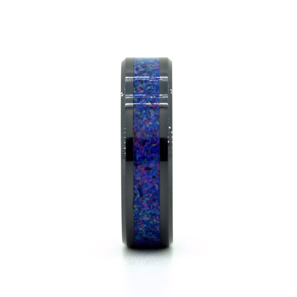Dark Blue Pink Sparkles Opal Ring With Black Ceramic Band Copperbeard Jewelry