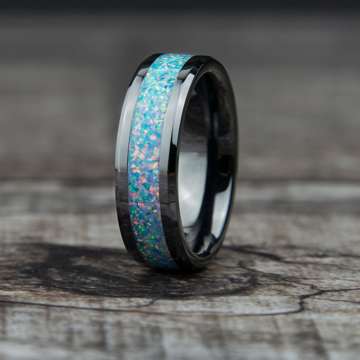 Sky Blue Opal Ring With Black Ceramic Band Copperbeard Jewelry Main image