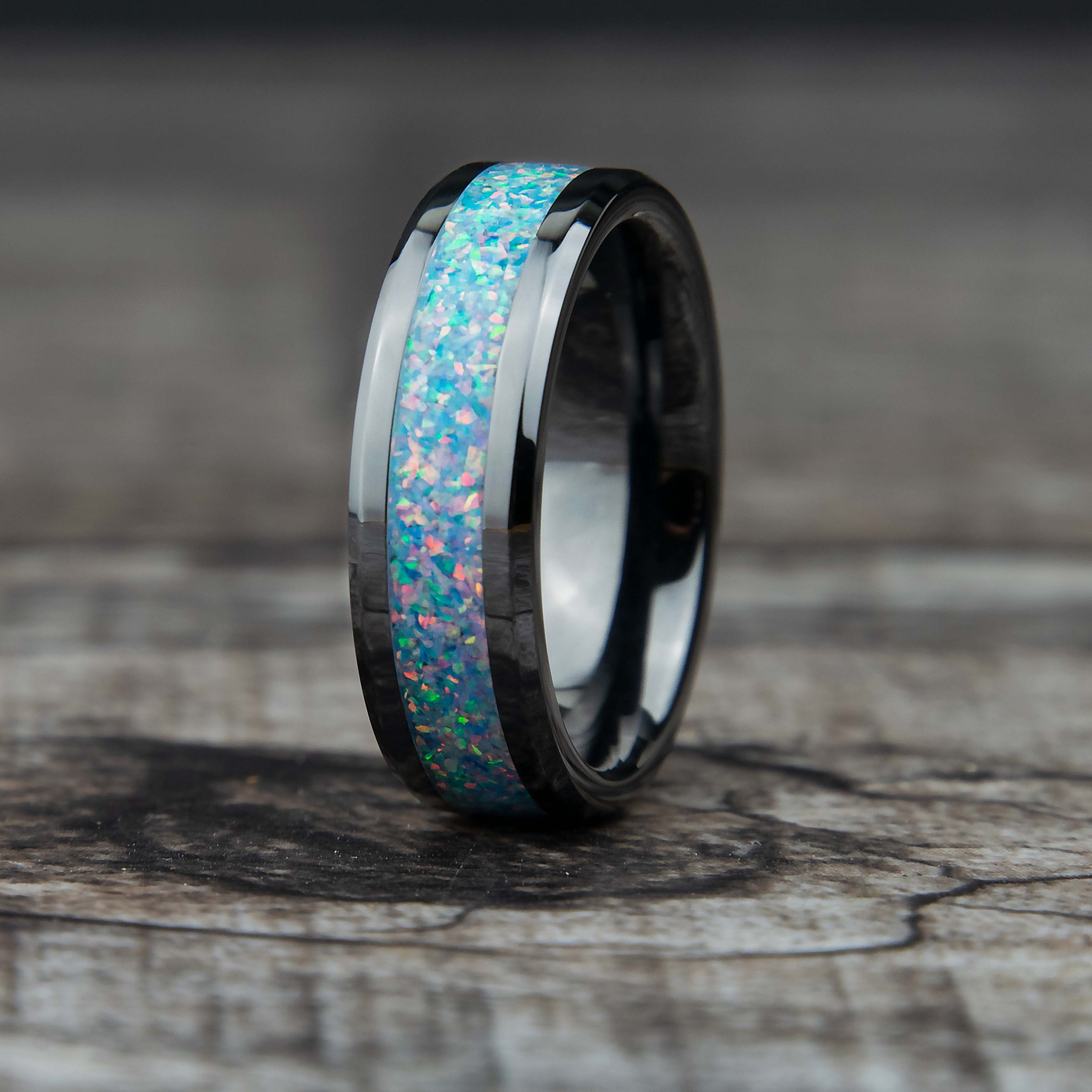 Sky Blue Opal Ring With Black Ceramic Band Copperbeard Jewelry