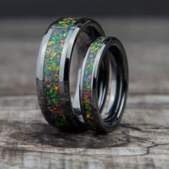 His And Hers Black Fire Opal Wedding Band Set Black Ceramic Copperbeard Jewelry