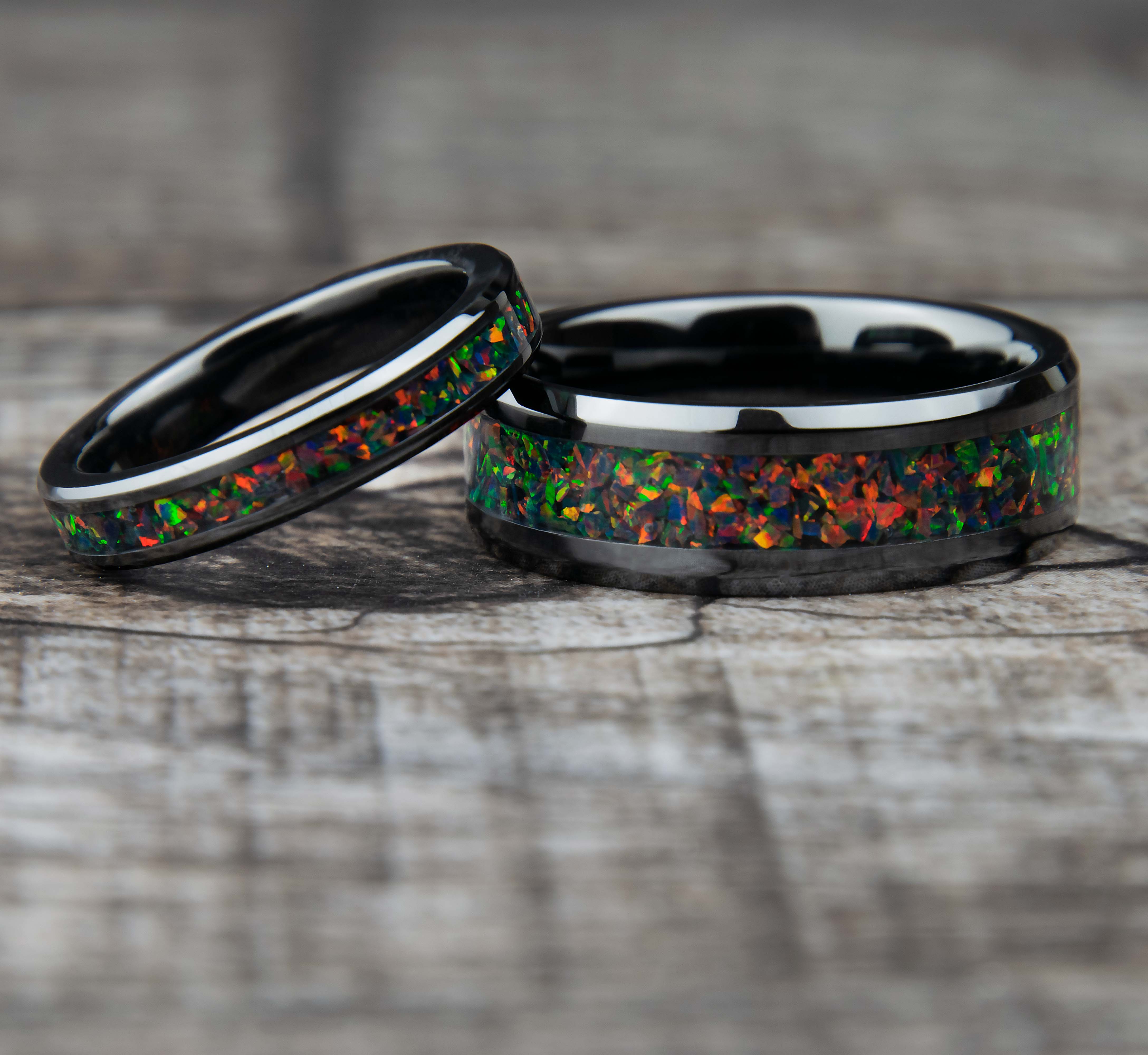 His And Hers Black Fire Opal Wedding Band Set Black Ceramic Secondary image