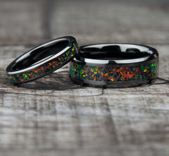 His And Hers Black Fire Opal Wedding Band Set Black Ceramic Copperbeard Jewelry