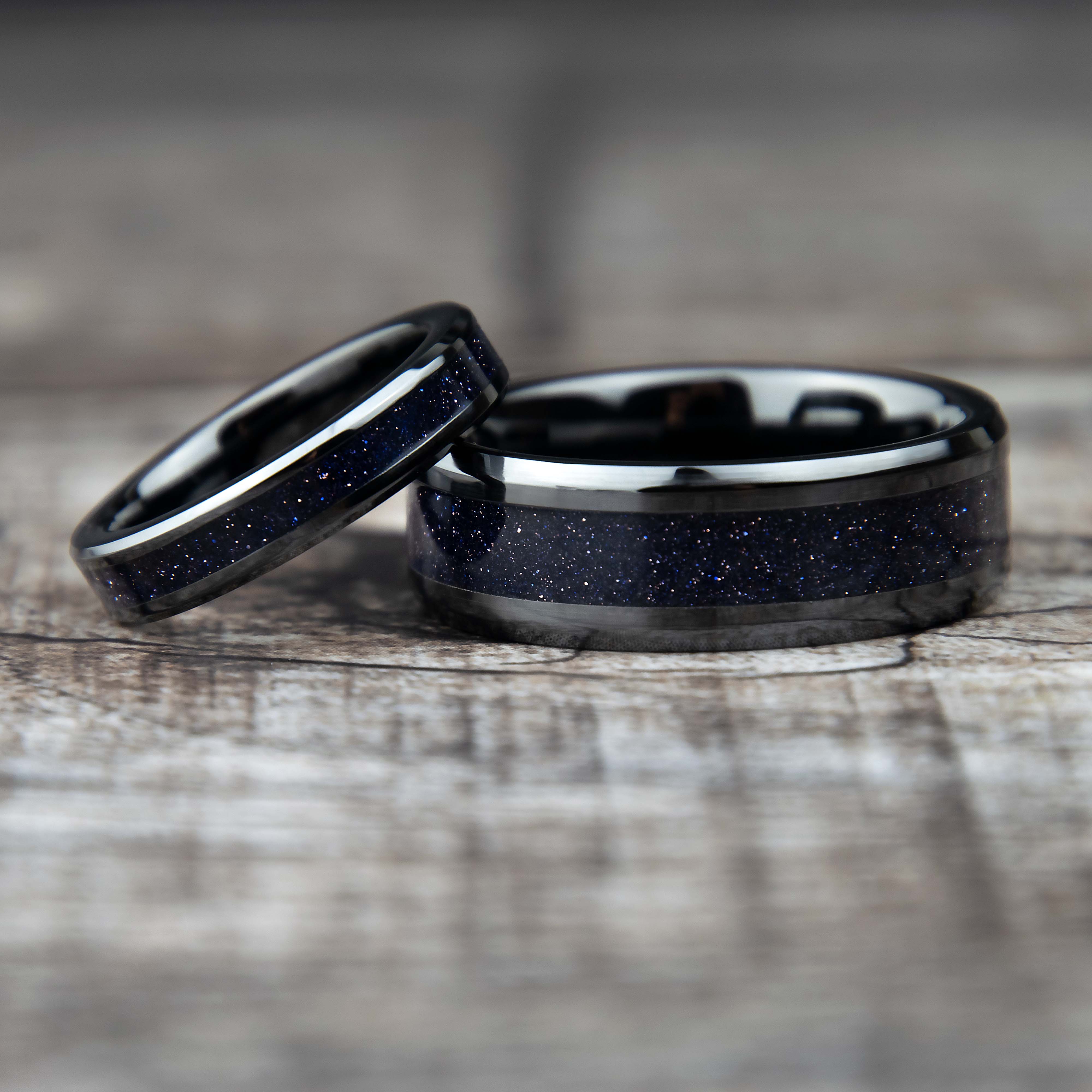 His And Hers Blue Goldstone Wedding Band Set Black Ceramic His And Hers Blue Goldstone Wedding Band Set Black Ceramic