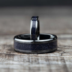 His And Hers Blue Goldstone Wedding Band Set Black Ceramic Copperbeard Jewelry