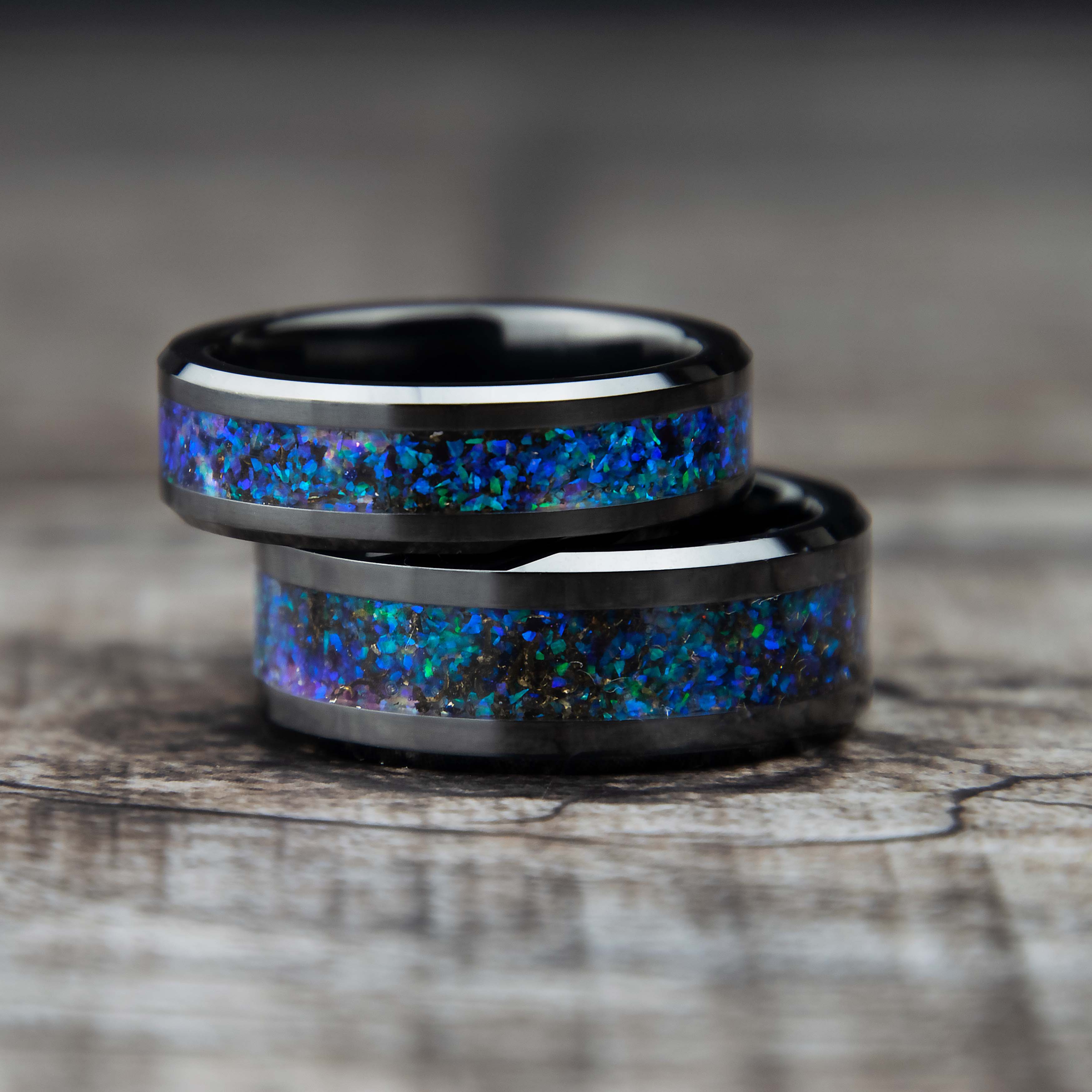 His And Hers Deep Underwater Opal Wedding Band Set Black Ceramic Secondary image