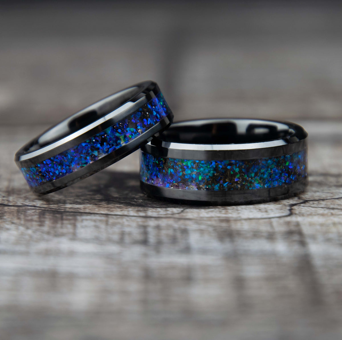 His And Hers Deep Underwater Opal Wedding Band Set Black Ceramic Copperbeard Jewelry Main image