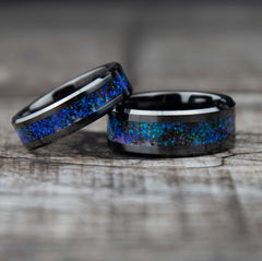 His And Hers Deep Underwater Opal Wedding Band Set Black Ceramic Copperbeard Jewelry