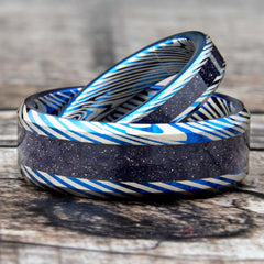 His and Hers Damascus Tungsten Blue Goldstone Wedding Ring Set -  Copperbeard Jewelry
