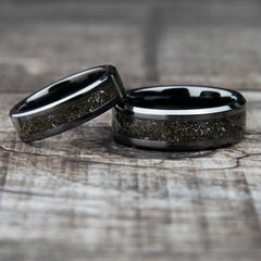 His And Hers Meteorite Wedding Band Set Black Ceramic Copperbeard Jewelry