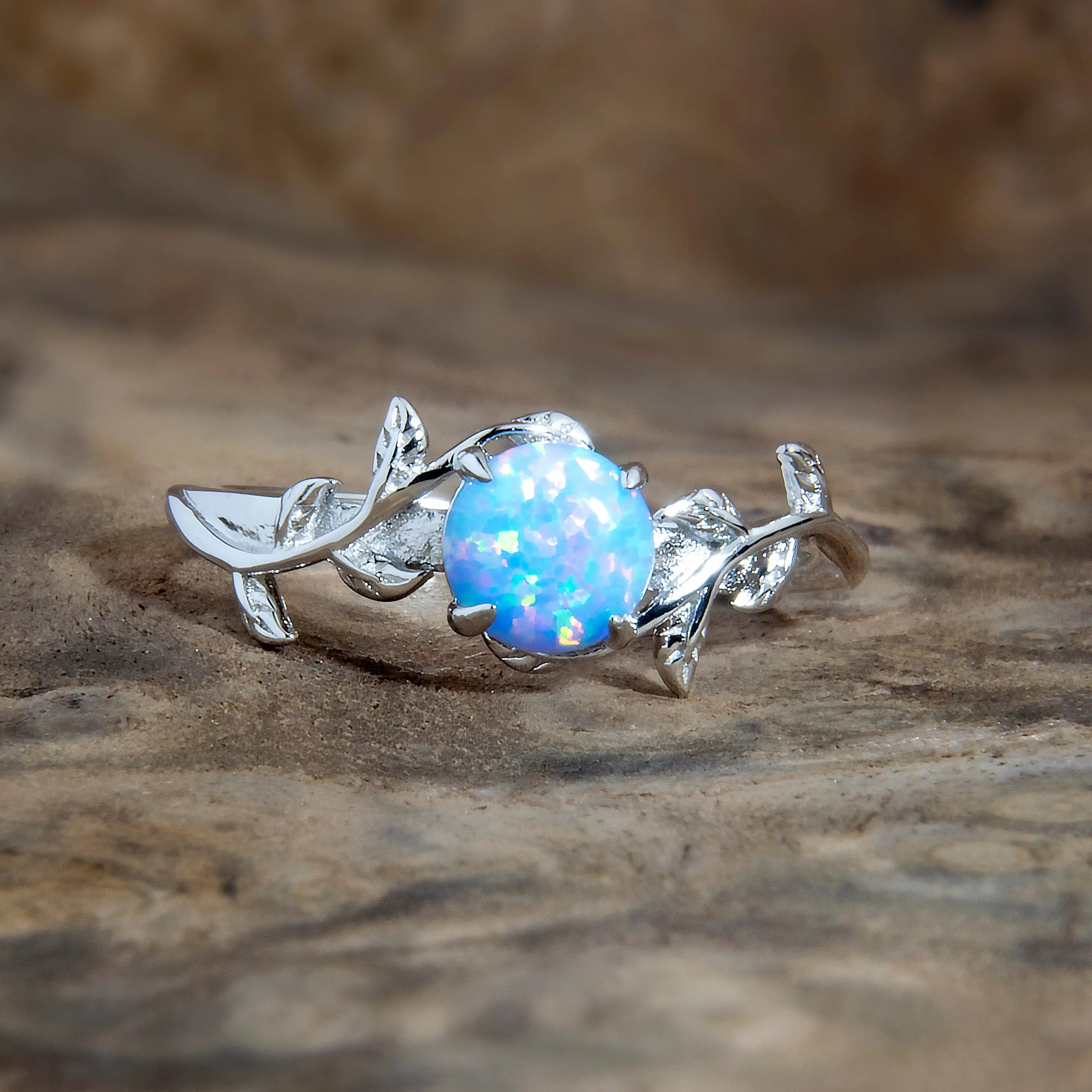 Silver Leaf Branch Sky Blue Opal Ring Copper Beard Studio