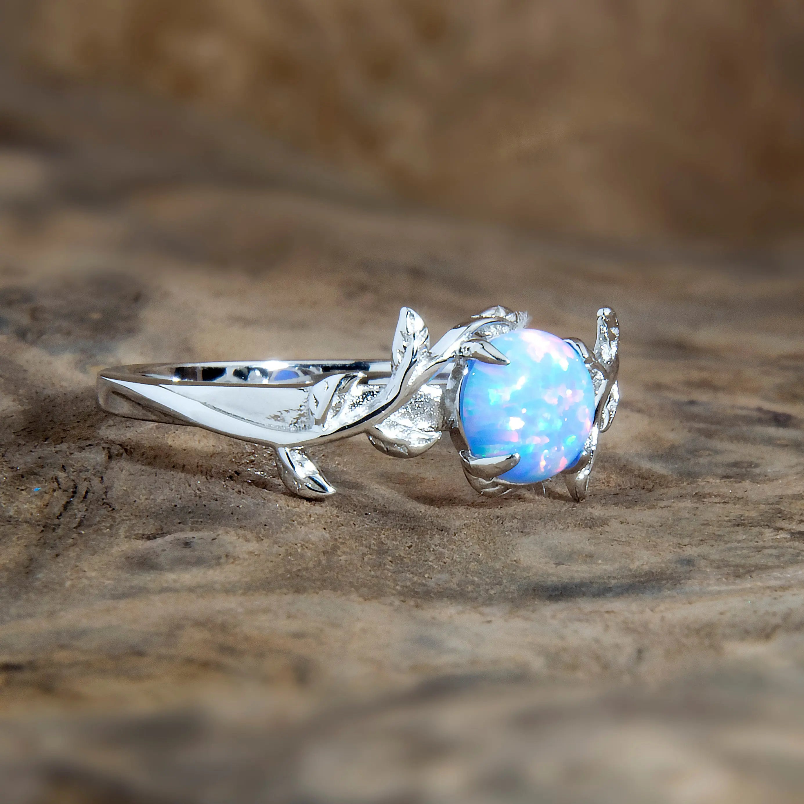 Silver Leaf Branch Sky Blue Opal Ring Secondary image