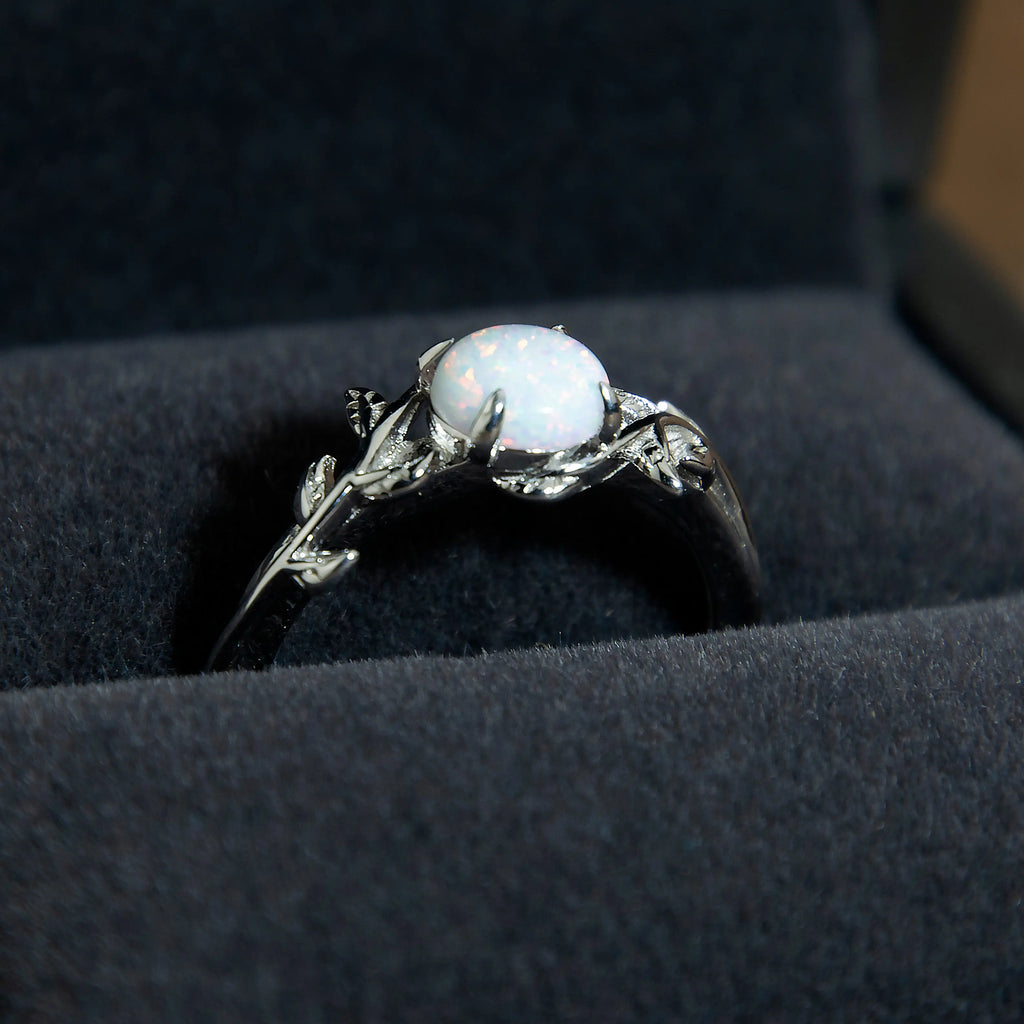 Silver Leaf Branch White Opal Ring Copper Beard Studio